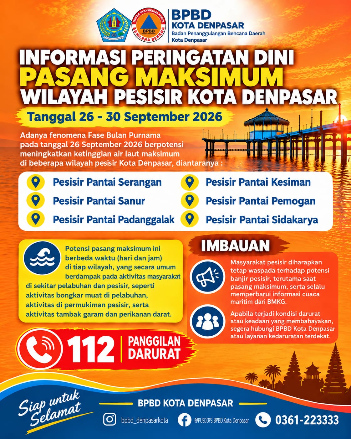 Peringatan Dini Pasang Maksimum Air Laut Wilayah Pesisir Kota Denpasar (26–30 September 2026)